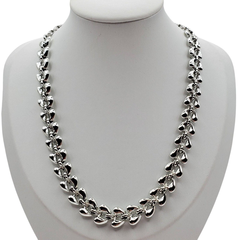 Vintage Coro Silver Heart Link Necklace Choker Polished Brushed Chain Statement
